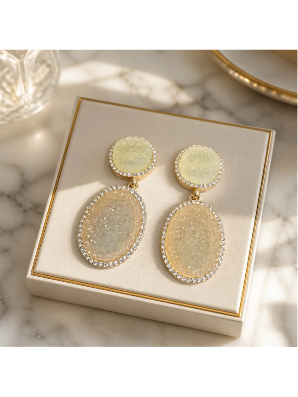 BaubleBar Pale Yellow Gold Druzy Crystal Drop Earrings Quiet Luxe Regency Glam